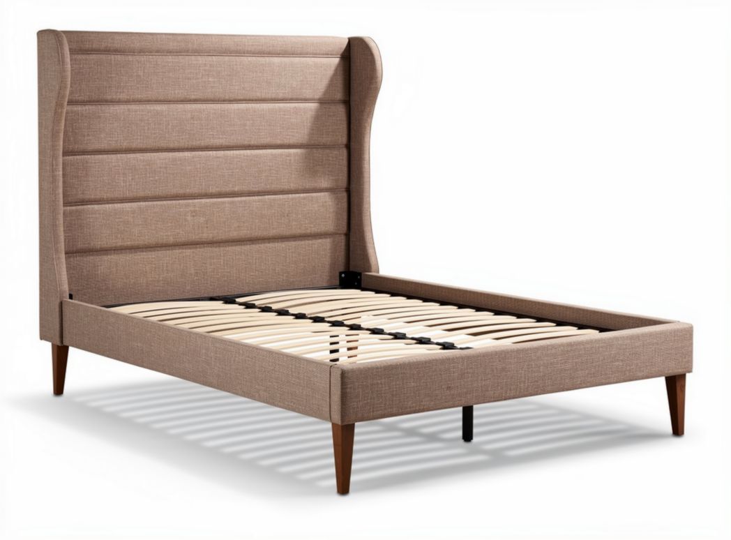Fabric upholstered bed frame with wooden legs and slatted support 200 x 160 x 100cm