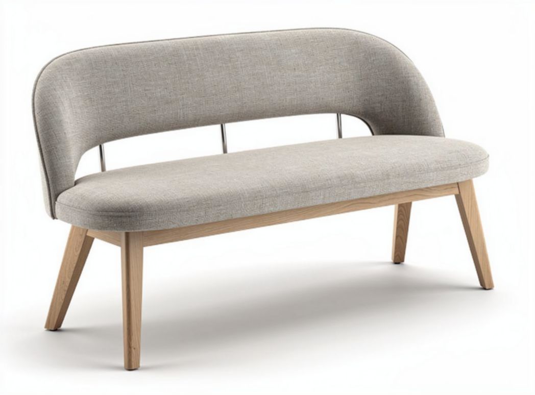 Fabric upholstered bench with wooden legs in light gray 120 x 60 x 75cm