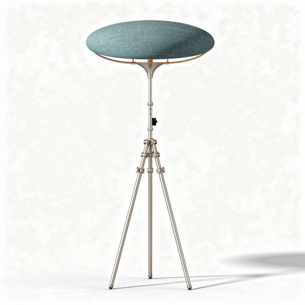 Tripod floor lamp with linen shade and brushed steel base 30 x 30 x 150cm
