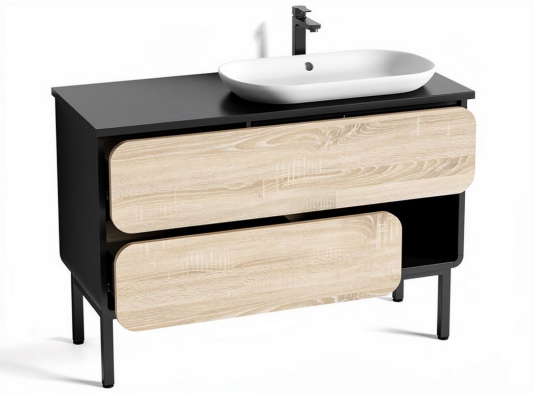 Bathroom vanity with sink in black and natural wood finish 80 x 45 x 85cm