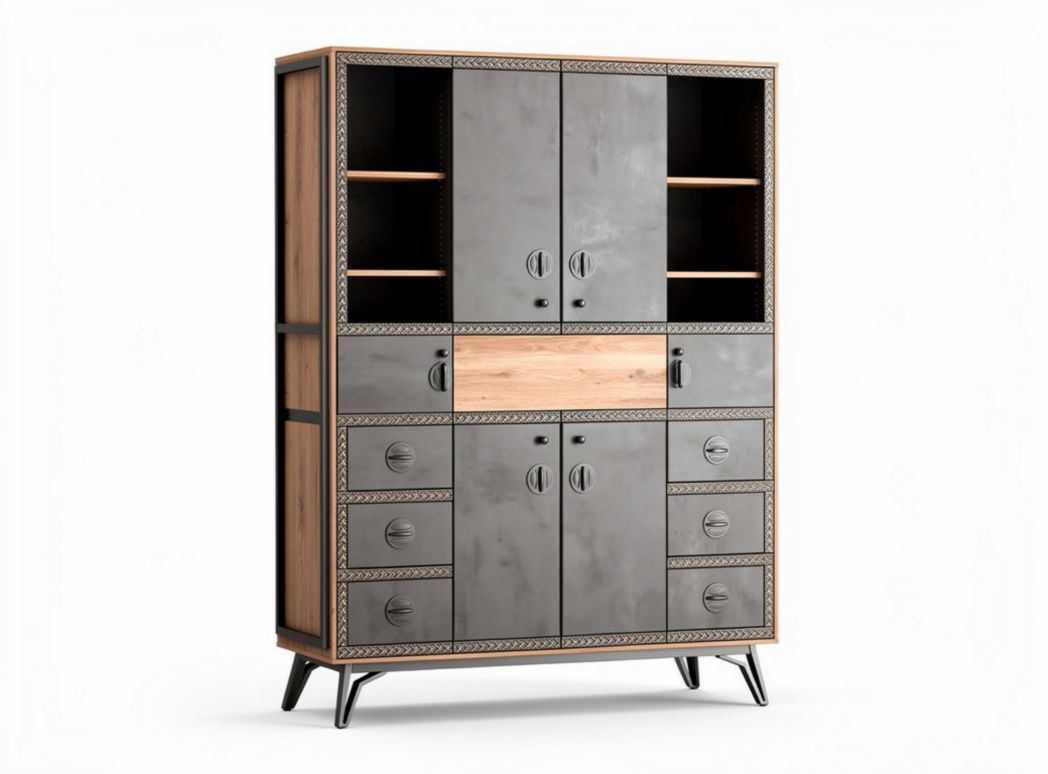 Industrial style storage cabinet with wooden accents and metal frame 150 x 90 x 180cm