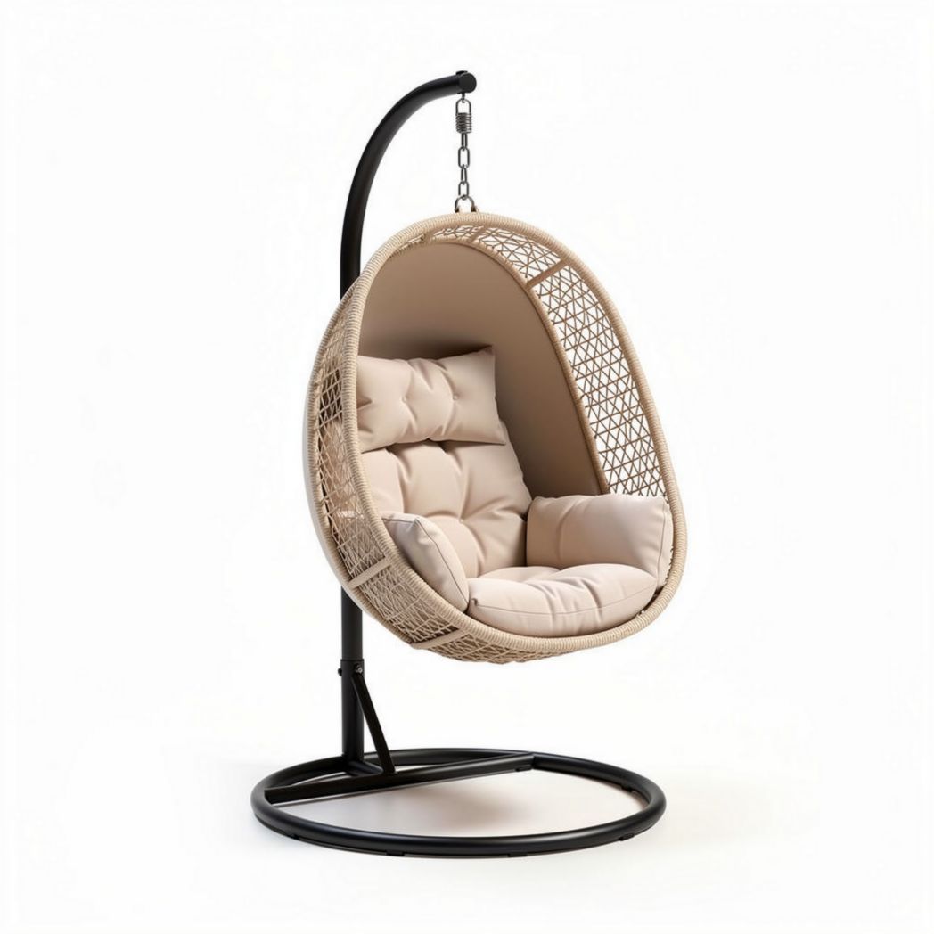 Hanging egg chair with steel frame and cushion in beige color 90 x 70 x 120cm
