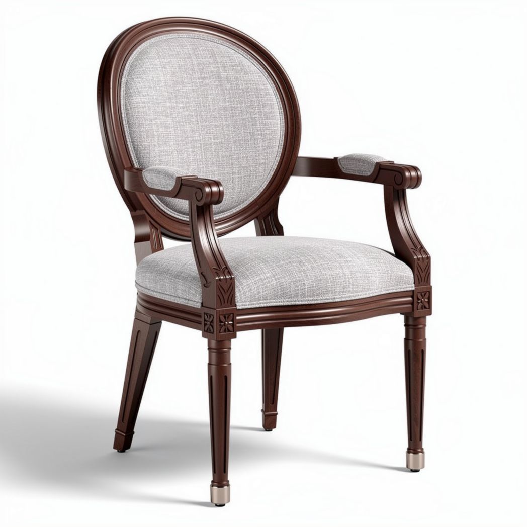 Wooden armchair with upholstered gray fabric seat and back 24 x 25 x 37 inches