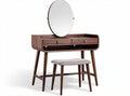 Wooden vanity set with round mirror and upholstered stool 120 x 45 x 75cm